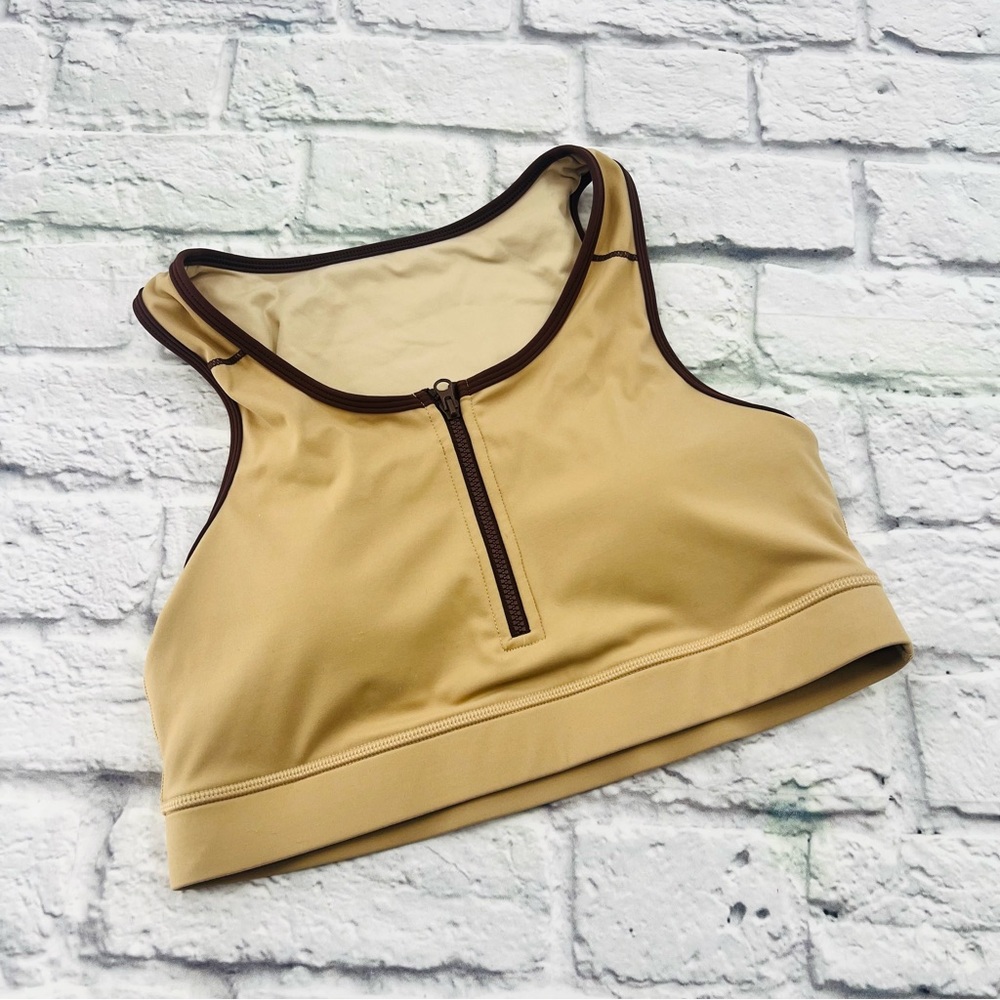 ZYIA Active Womans Size Small Tan and Brown Sports Bra Zip Front Padded